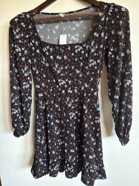 Lush Black Ditsy Floral Long Sleeve Fit & Flare Dress Size Small
